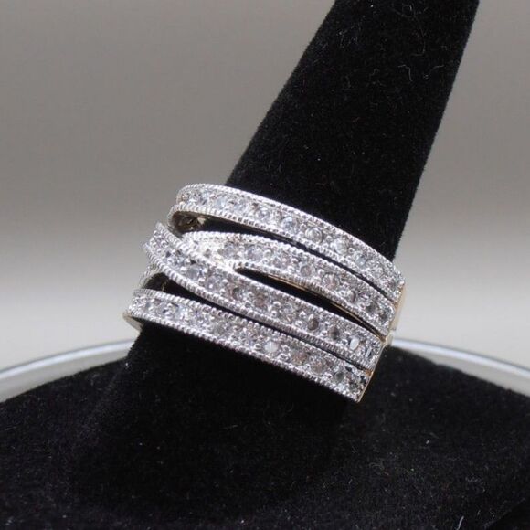 ROSS SIMONS Sterling Silver 925 White CZ Crossover Designer Cocktail Ring Sz 7.5 - Picture 1 of 5